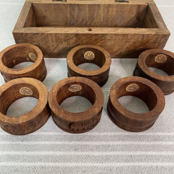 Vintage JCS Co Hand Carved Wood Elephant Napkin Rings Set Of 6 With Wooden Box - Picture 9 of 16